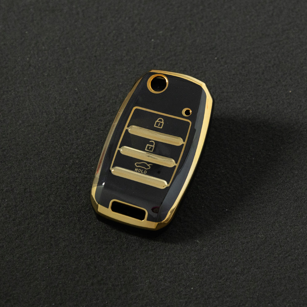 KIE1T1 Black-Gold Plating Car Key Cover Fashionable Soft TPU Key Fob Cover for Kia Rio K3 2014-2016 Model-Year Protective Car Key Accessory