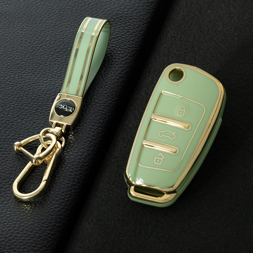AUD1T1 Green-Gold Plating Car Key Cover For Audi Q3 Q7 Q5 TT Q2L A3 A1 Fold Key Rings Keychain Bag