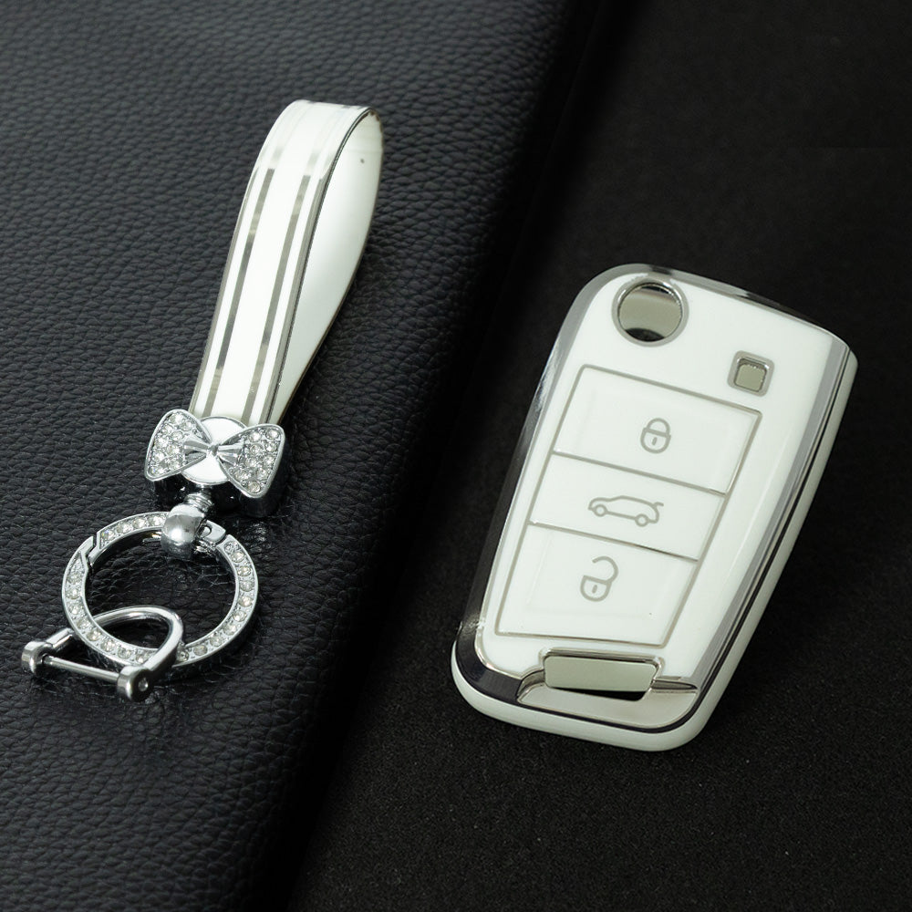 VOA1T1 White-Silver Plating Car Key Cover For Volkswagen Golf 3 buttons