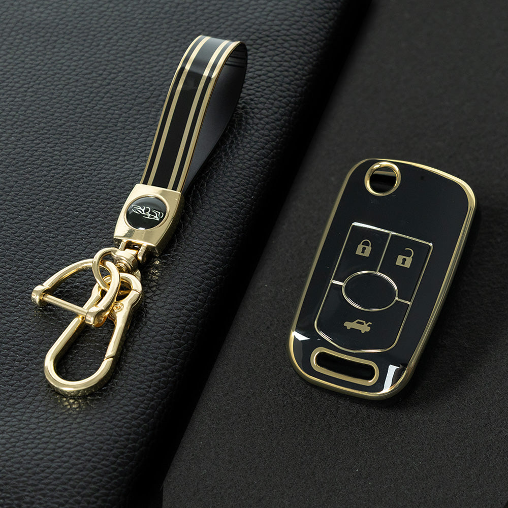 BUD1T1 Black-Gold Plating TPU Premium Soft Car Key Case Cover Shell for Buick Old LaCrosse 06 07 08 Year Fold Protection Key Rings Keychain Bag Accessory