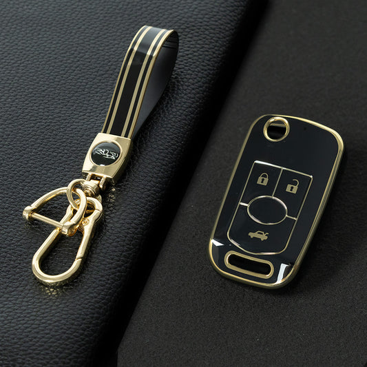 BUD1T1 Black-Gold Plating TPU Premium Soft Car Key Case Cover Shell for Buick Old LaCrosse 06 07 08 Year Fold Protection Key Rings Keychain Bag Accessory