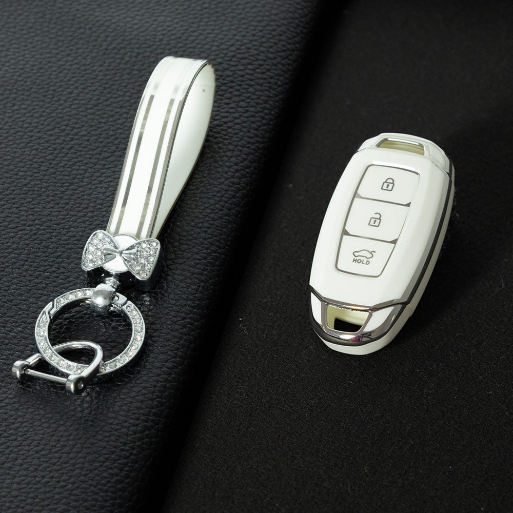 HYA1T1 White-Silver Plating Car Key Cover 3 Buottons TPU Car Key Case Cover Shell Fob Holder for Hyundai Palisade Limited Palisade Elantra Sel Elantra Santa Fe Veloster