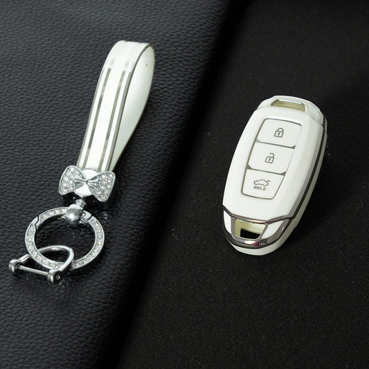 HYA1T1 White-Silver Plating Car Key Cover 3 Buottons TPU Car Key Case Cover Shell Fob Holder for Hyundai Palisade Limited Palisade Elantra Sel Elantra Santa Fe Veloster