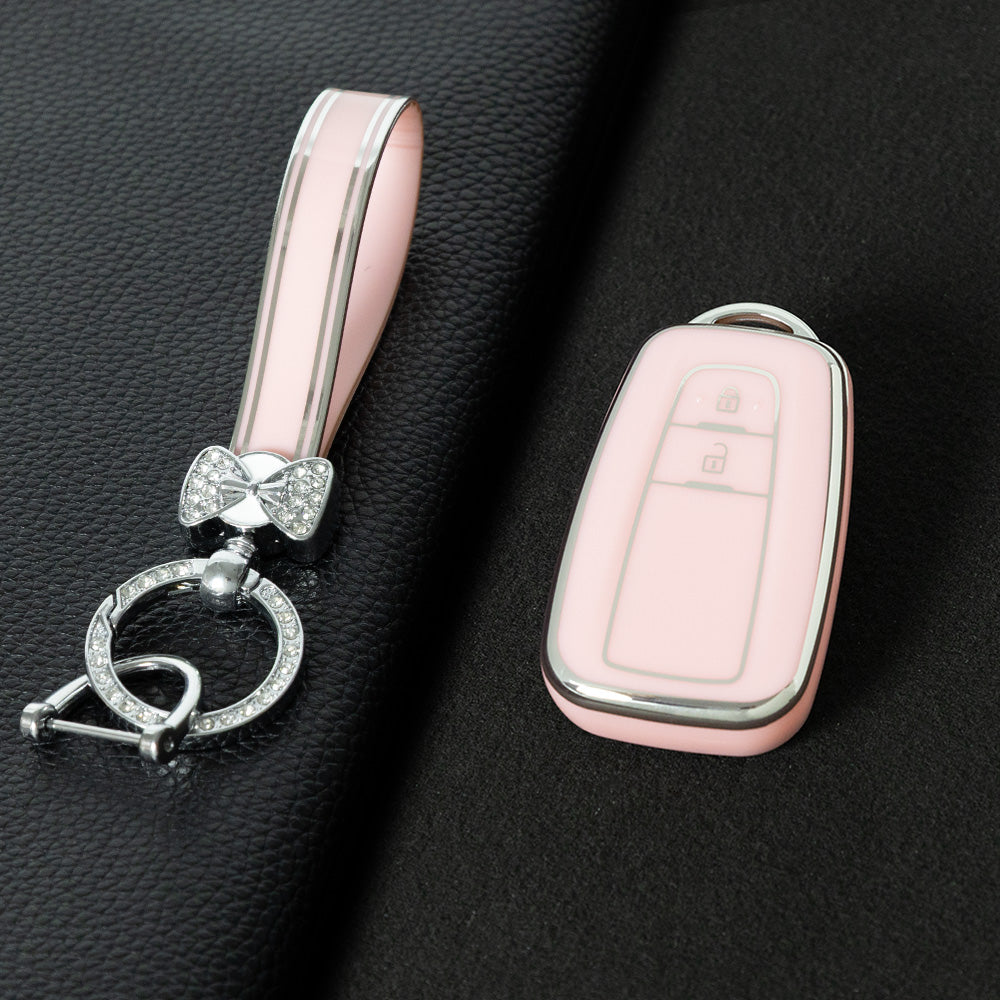 TOB2T1 Pink-Silver Plating Car Key Cover Premium Soft TPU Car Key Case Cover Shell for Toyota LEVIN COROLLA RAV4 IZOA AVALON CHR Plarad Camry Key Rings Keychain Bag