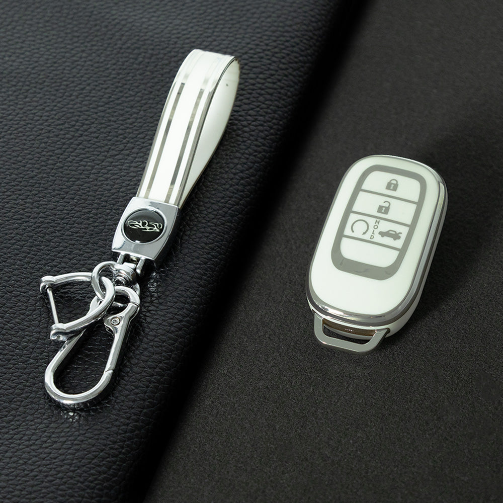 HOB1T1 White-Silver Plating Car Key Cover For Honda Civic Accord HR-V CR-V CRV 2021 2022 2023 5Buttons Auto Shell Fob Holder TPU Car Key Case Cover Keychain Accessories