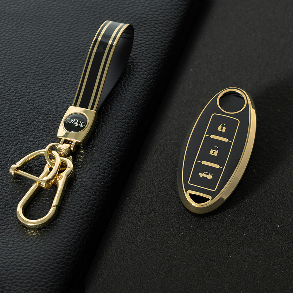 NIB3T1 Black-Gold Plating Car Key Cover High Quality Soft TPU 3-Button Popular Key Case Cover Shell for Nissan Patrol Tiida Qashqai X-Trail Juke Navara Car Accessory