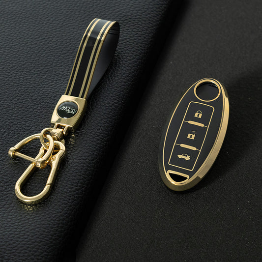 NIB3T1 Black-Gold Plating Car Key Cover High Quality Soft TPU 3-Button Popular Key Case Cover Shell for Nissan Patrol Tiida Qashqai X-Trail Juke Navara Car Accessory