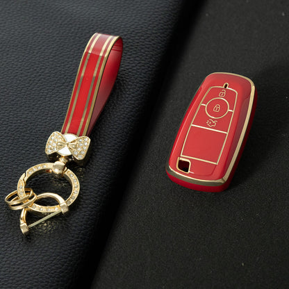 FOB1T1 Red-Gold Plating TPU Car Key Case Cover Holder for Ford Fusion Edge Mustang Explorer F150 F250 F350