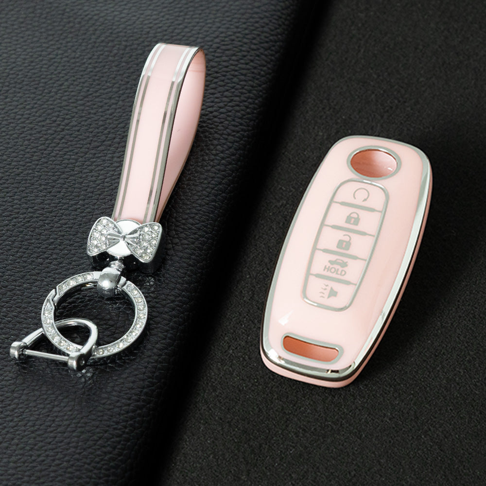 NIA3T1 Pink-Silver Plating TPU Car Key Cover Soft Key Shell Fob Holder Suitable for Nissan Sylphy Bluebird Teana X-Trail Murano GTR