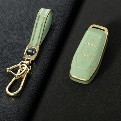 FOU3T1 Green-Gold Plating Soft Shell Fob Holder TPU Car Key Cover Case for Ford Fusion Mondeo Mustang F-150 Explorer Edge 2015 2016