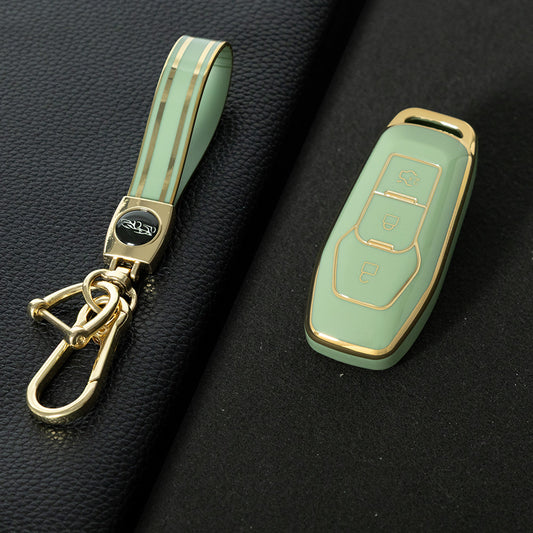 FOU3T1 Green-Gold Plating Soft Shell Fob Holder TPU Car Key Cover Case for Ford Fusion Mondeo Mustang F-150 Explorer Edge 2015 2016