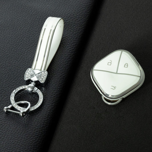 WUG2T1 White-Silver Plating Car Key Cover Soft TPU Car Key Case Cover Shell Sleeve for SGMW WULING Airev Baojun KiWiEV Bingguo SUNSHINE MINI EV Key Rings Keychain Bag