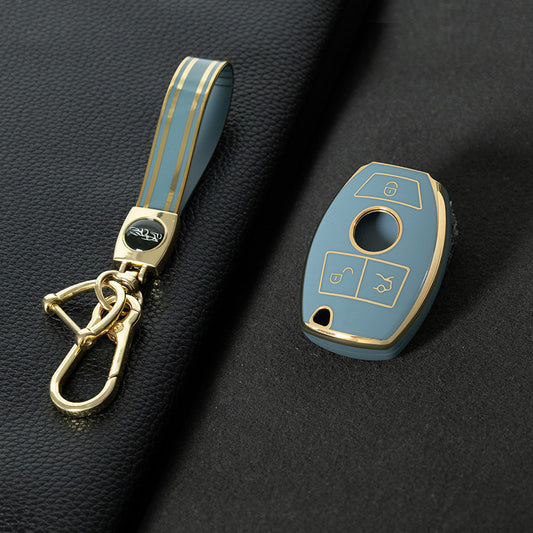 MEC1T1 Granny Grey-Gold Plating Car Key Cover Premium Soft TPU Car Key Case Cover Shell for Mercedes Benz C260L C200L A180L GLC260 GLA E300l CLASS Key Rings Keychain Bag