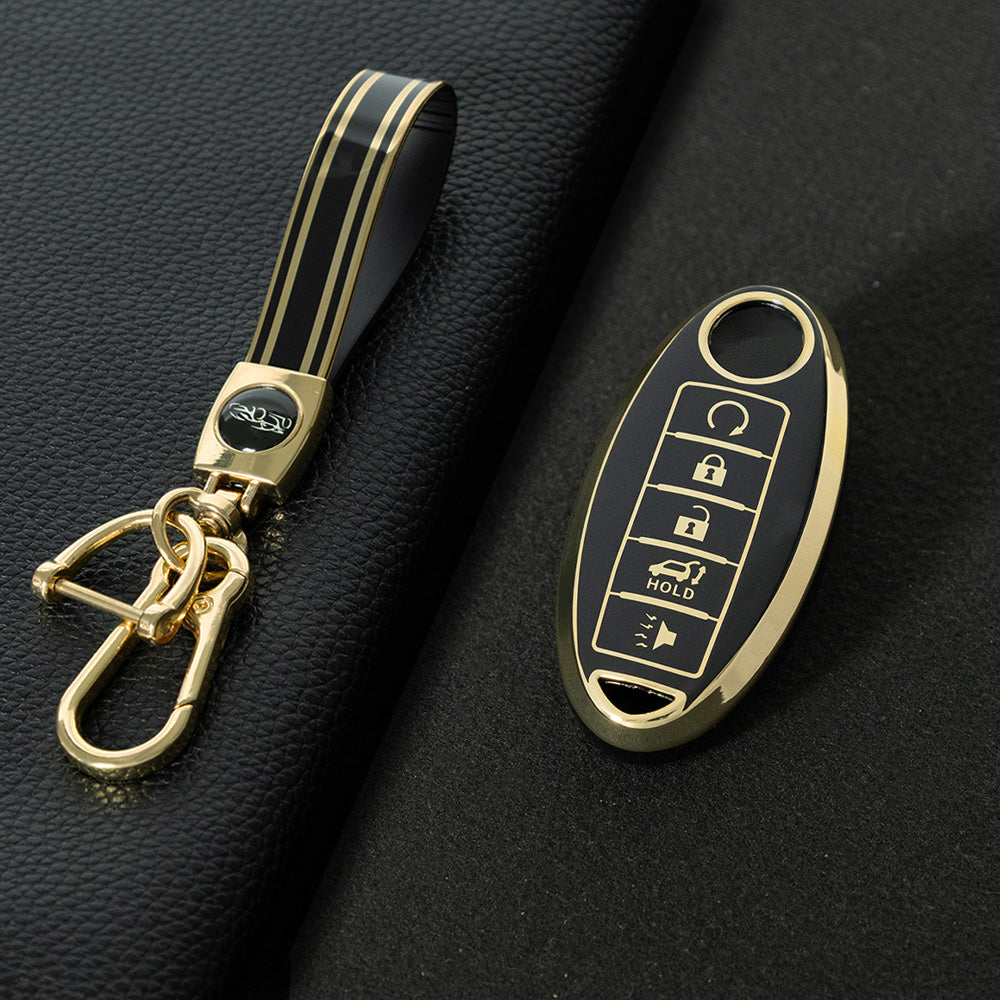 NIB6T1 Black-Gold Plating Car Key Cover Silver Edge TPU Car Key Cover Keychain Fob Case Accessories for Nissan Note Qashqai Pathfinder Rogue Versa Infiniti Q50 Kia