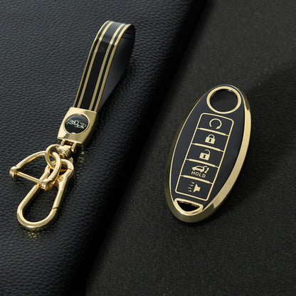 NIB6T1 Black-Gold Plating Car Key Cover Silver Edge TPU Car Key Cover Keychain Fob Case Accessories for Nissan Note Qashqai Pathfinder Rogue Versa Infiniti Q50 Kia