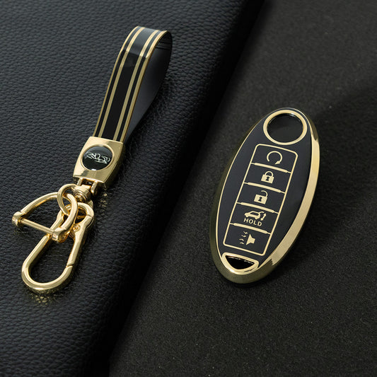 NIB6T1 Black-Gold Plating Car Key Cover Silver Edge TPU Car Key Cover Keychain Fob Case Accessories for Nissan Note Qashqai Pathfinder Rogue Versa Infiniti Q50 Kia
