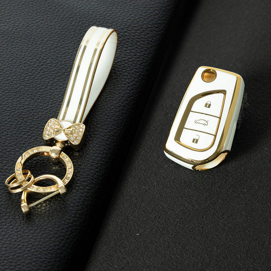 TOA1T1 White-Gold Plating Car Key Cover Premium Soft TPU Car Key Case Cover Shell for Toyota COROLLA camry LEVIN REIZ highlander RAV4 Fold Key Rings Keychain Bag