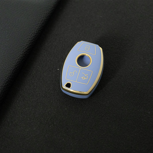 MEC1T1 Light Blue-Gold Plating Car Key Cover Premium Soft TPU Car Key Case Cover Shell for Mercedes Benz C260L C200L A180L GLC260 GLA E300l CLASS Key Rings Keychain Bag