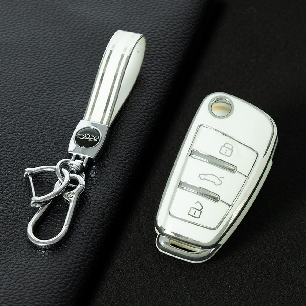 AUD1T1 White-Silver Plating Car Key Cover For Audi Q3 Q7 Q5 TT Q2L A3 A1 Fold Key Rings Keychain Bag