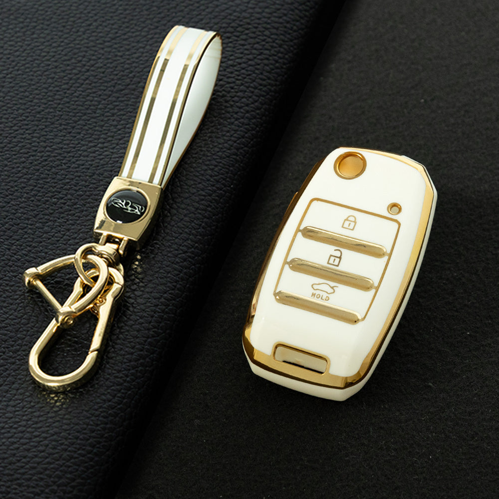 KIE1T1 White-Gold Plating Car Key Cover Fashionable Soft TPU Key Fob Cover for Kia Rio K3 2014-2016 Model-Year Protective Car Key Accessory