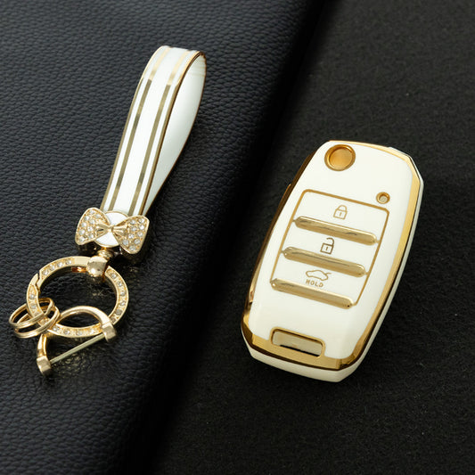 KIE1T1 White-Gold Plating Car Key Cover Fashionable Soft TPU Key Fob Cover for Kia Rio K3 2014-2016 Model-Year Protective Car Key Accessory