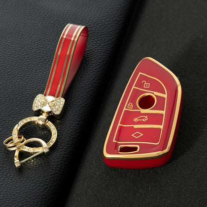 BMB1T1 Red-Gold Plating Car Key Cover For BMW 1 2 3 4 5 6 7 Series X1 X2 X3 X5 X6 X7 Smart Key Ring Holder Keychain Car Accessories