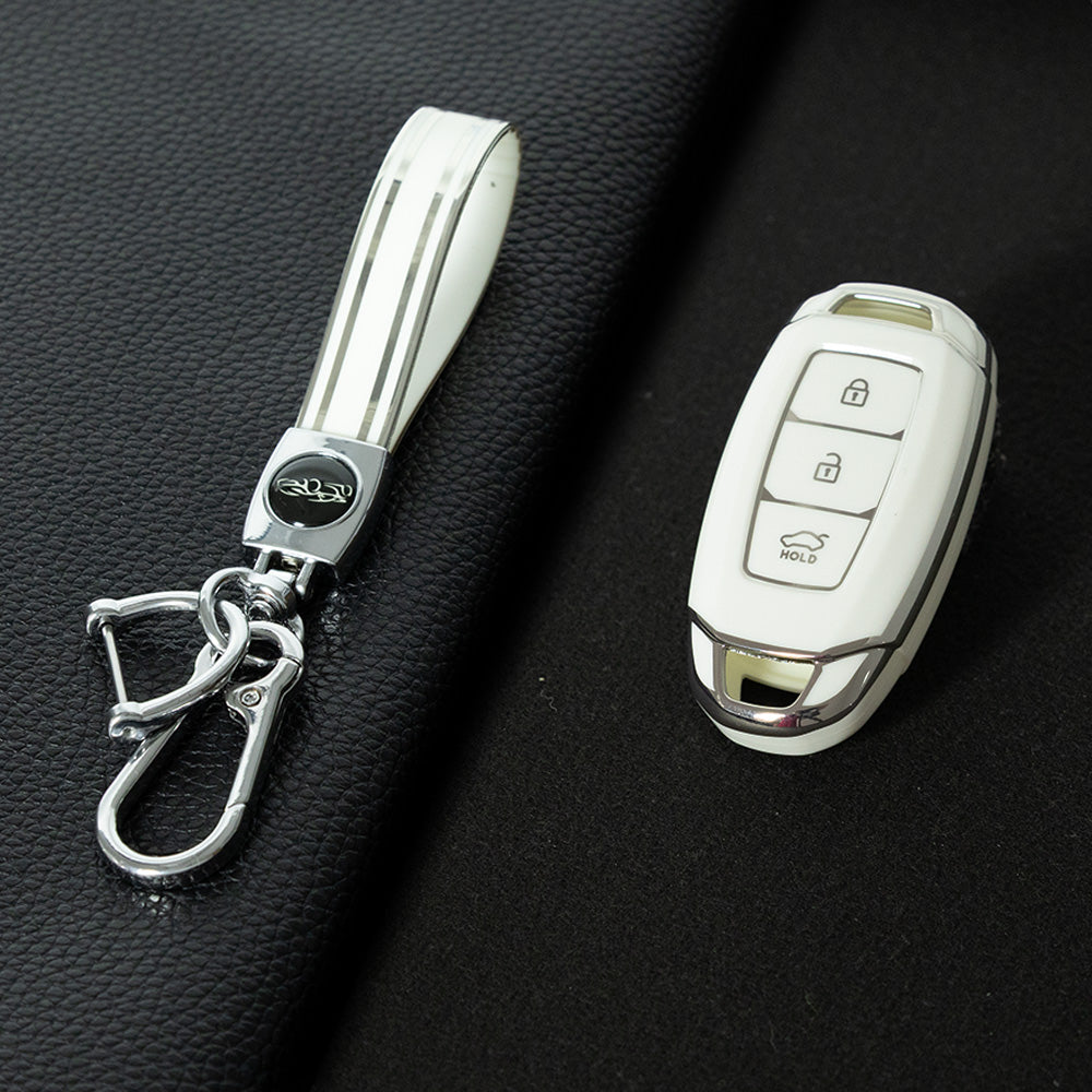 HYA1T1 White-Silver Plating Car Key Cover 3 Buottons TPU Car Key Case Cover Shell Fob Holder for Hyundai Palisade Limited Palisade Elantra Sel Elantra Santa Fe Veloster