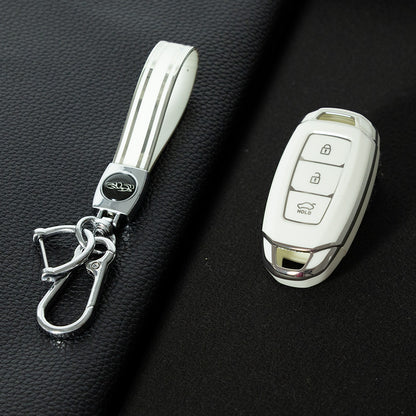 HYA1T1 White-Silver Plating Car Key Cover 3 Buottons TPU Car Key Case Cover Shell Fob Holder for Hyundai Palisade Limited Palisade Elantra Sel Elantra Santa Fe Veloster