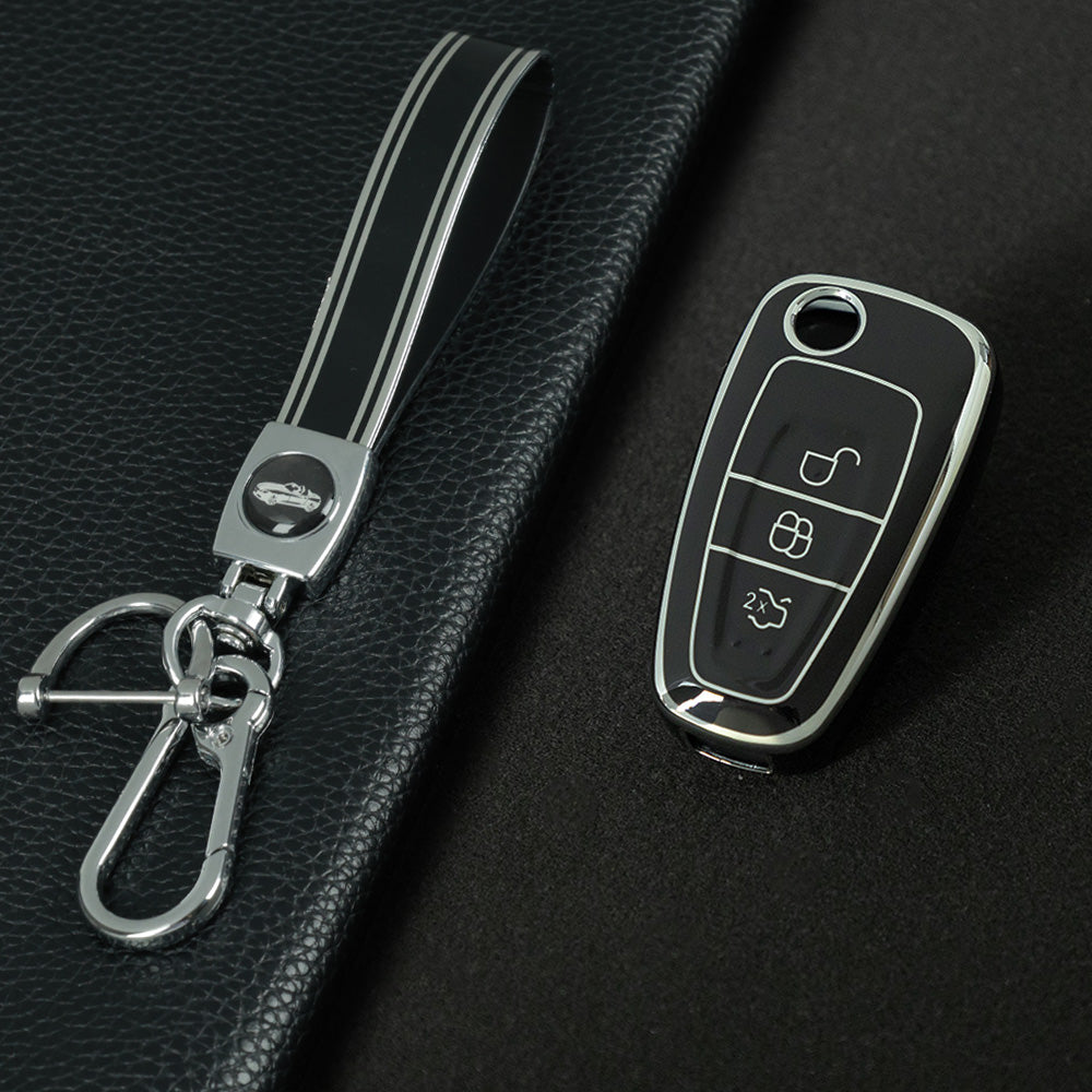 FOD1T1 Black-Silver Plating Car Key Cover TPU Car Folding Key Case Cover Bag Keychain for Ford Focus C-Max S-Max Galaxy Mondeo Ranger Transit Tourneo Custom