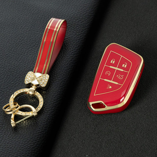 CAB1T1 Red-Gold Plating TPU Premium Soft Car Key Case Cover Shell for Cadillac XT5 XT4 XT6 CT5 CT6 CT4 XTS ATSL SRX Key Ring Keychain Bag Accessory