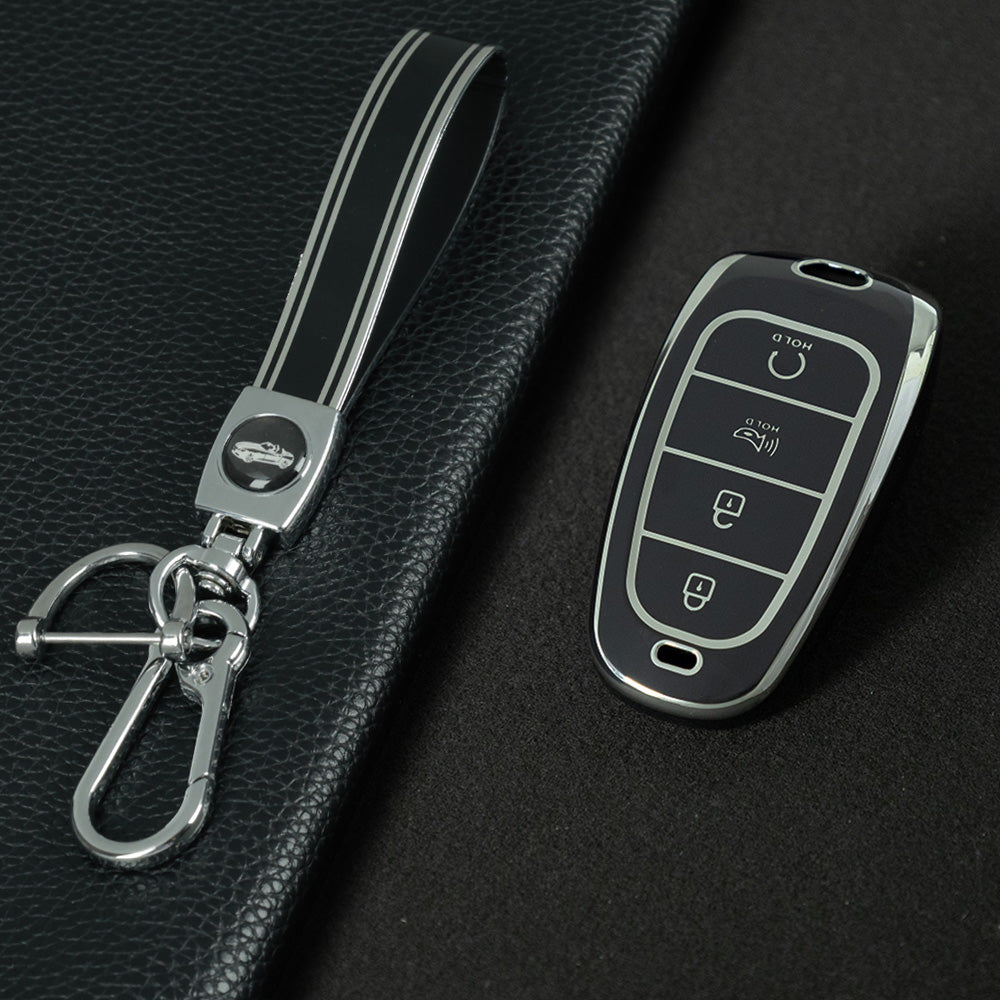 HYE6T1 Black-Silver Plating TPU Car Key Case Cover for Hyundai Tucson 2022 Santa Fe NEXO NX4 Atos Prime Solaris
