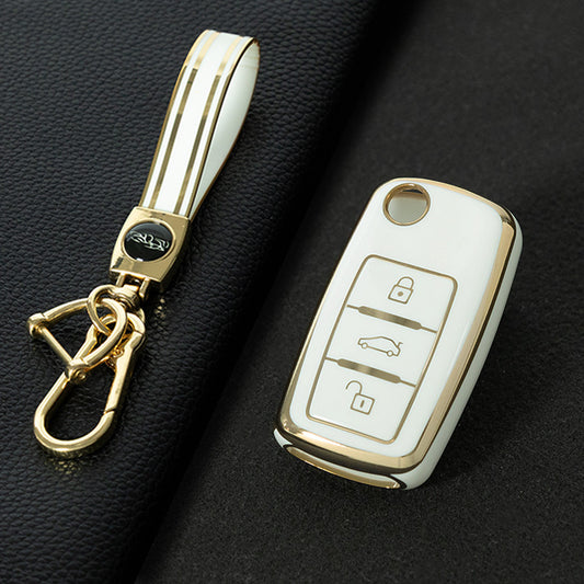 VOB1T1 White-Gold Plating Car Key Cover For Volkswagen Sagitar PASSAT CC Polo Skoda Key Rings Keychain