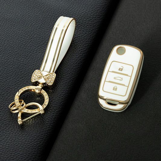 CHB1T1 White-Gold Plating Car Key Cover For Premium Soft TPU Car Key Case Cover  CHANGAN Benben E-Star CS15 CS35 CS55 EADO LUMIN Key Rings Keychain Bag