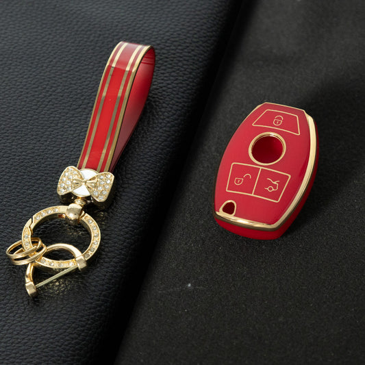 MEC1T1 Red-Gold Plating Car Key Cover Premium Soft TPU Car Key Case Cover Shell for Mercedes Benz C260L C200L A180L GLC260 GLA E300l CLASS Key Rings Keychain Bag