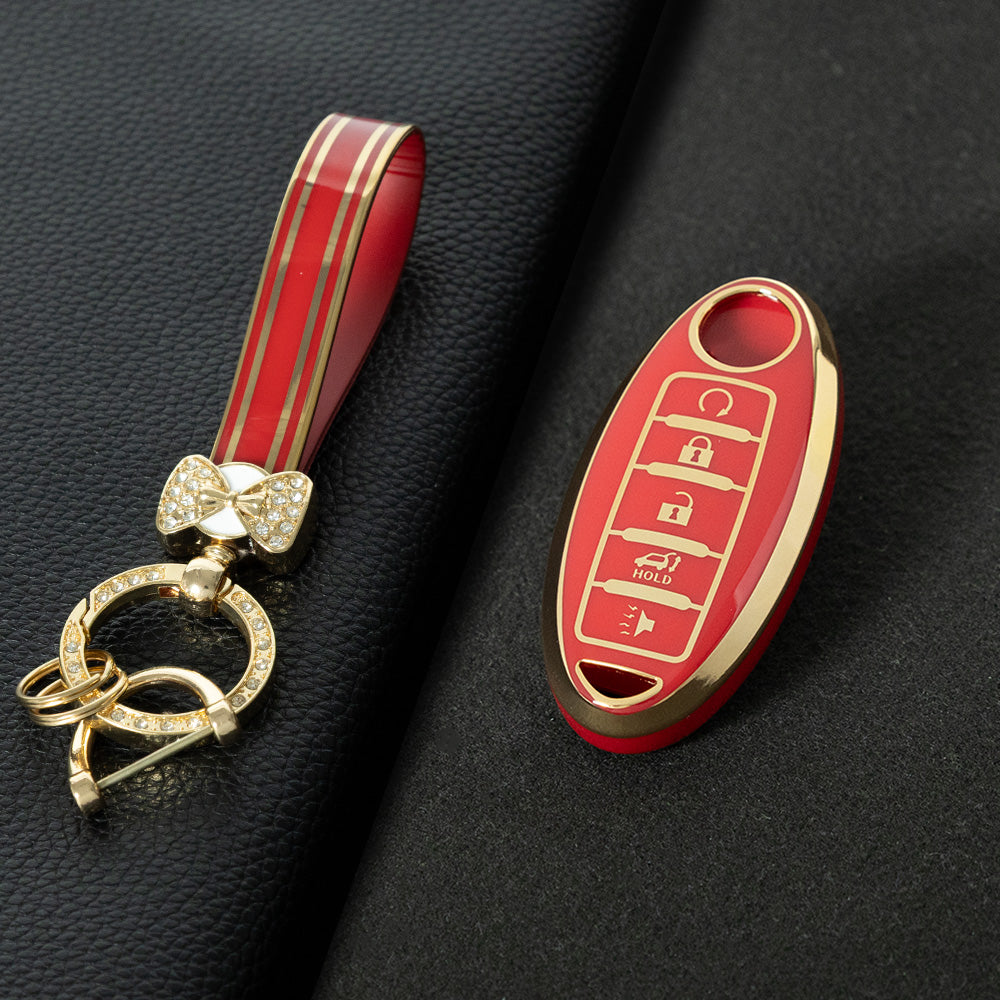 NIB6T1 Red-Gold Plating Car Key Cover Silver Edge TPU Car Key Cover Keychain Fob Case Accessories for Nissan Note Qashqai Pathfinder Rogue Versa Infiniti Q50 Kia