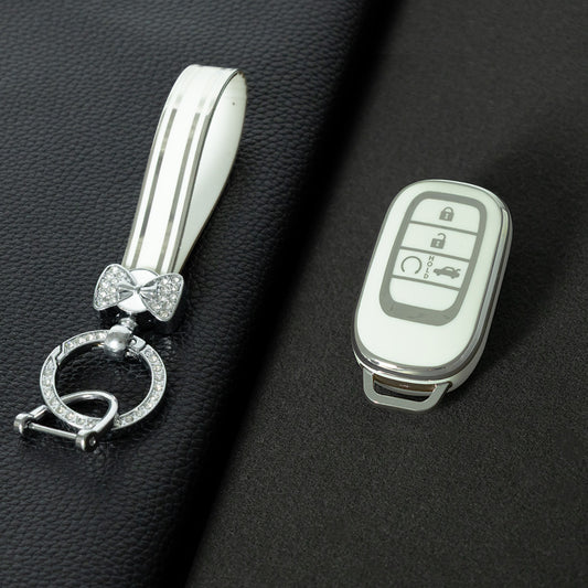HOB1T1 White-Silver Plating Car Key Cover For Honda Civic Accord HR-V CR-V CRV 2021 2022 2023 5Buttons Auto Shell Fob Holder TPU Car Key Case Cover Keychain Accessories