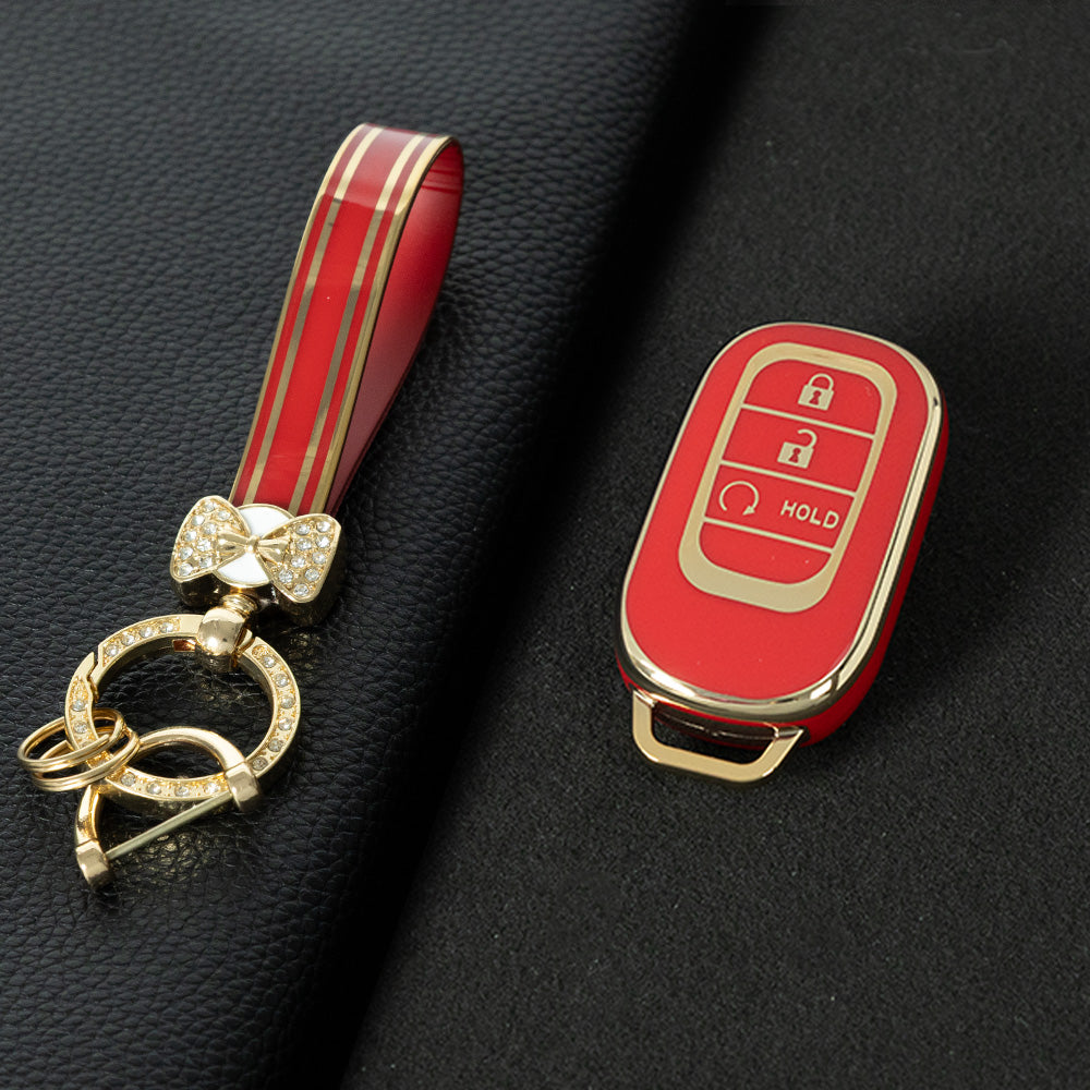 HOB3T1 Red-Gold Plating Car Key Cover TPU Remote Key Fob Cover 4-button Car Key Case Protective Accessories Suitable for Honda Accord Civic HR-V CR-V Pilot Odyssey