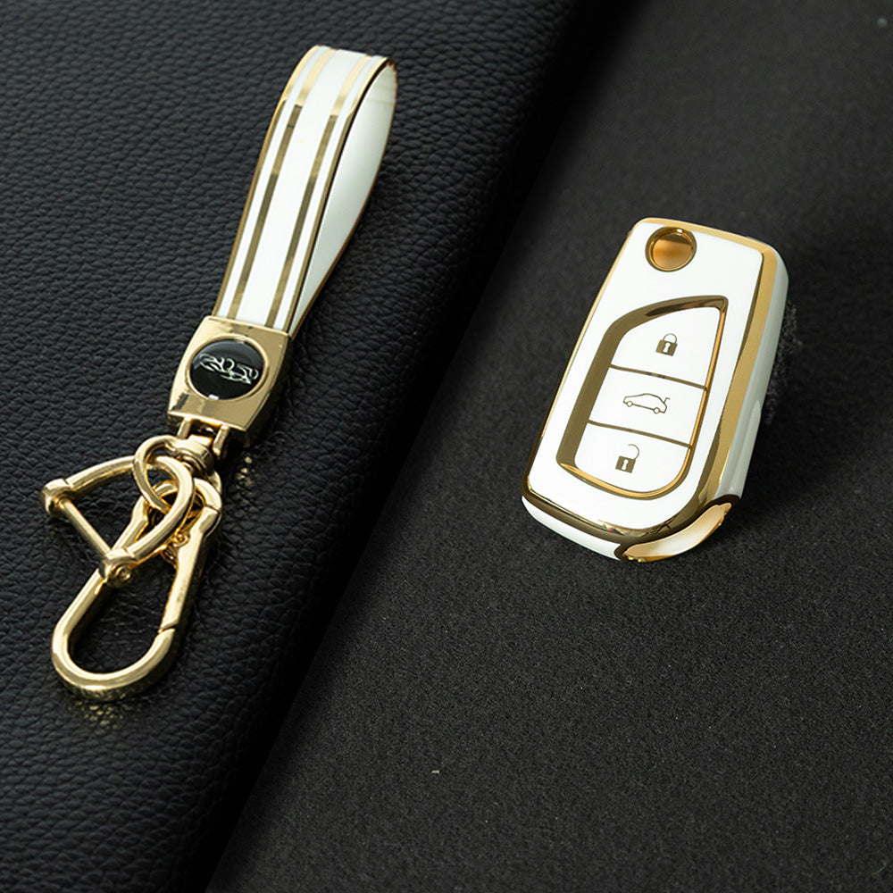 TOA1T1 White-Gold Plating Car Key Cover Premium Soft TPU Car Key Case Cover Shell for Toyota COROLLA camry LEVIN REIZ highlander RAV4 Fold Key Rings Keychain Bag