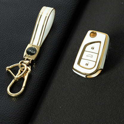 TOA1T1 White-Gold Plating Car Key Cover Premium Soft TPU Car Key Case Cover Shell for Toyota COROLLA camry LEVIN REIZ highlander RAV4 Fold Key Rings Keychain Bag