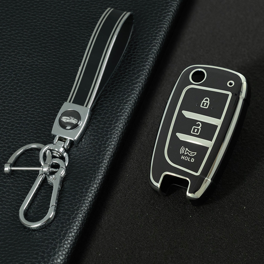 HYB2T1 Black-Silver Plating TPU Car Key Case Cover for Hyundai Solaris 2 Elantra I30 I35 I40