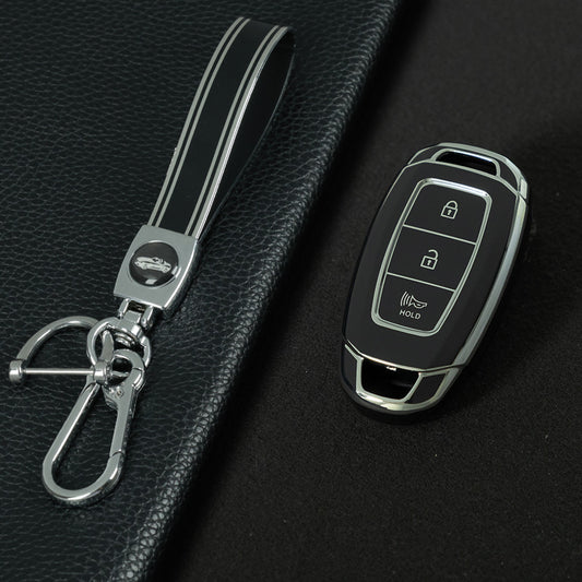 HYA2T1 Black-Silver Plating TPU Car Key Case Cover for Hyundai Solaris 2021 Accent Ix25 Creta 2020 Elantra Tucson Verna I20