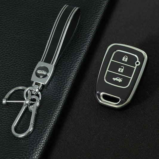 HOM2T1 Black-Silver Plating TPU Car Key Case Cover for Honda VEZEL City Fit