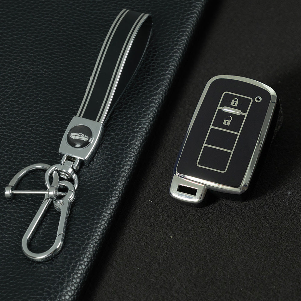 TOD2T1 Black-Silver Plating TPU 2 Buttons Car Key Cover Case for Toyota Rav4 2021 Hybrid Camry 2020 Prado Corolla Sedan 2019