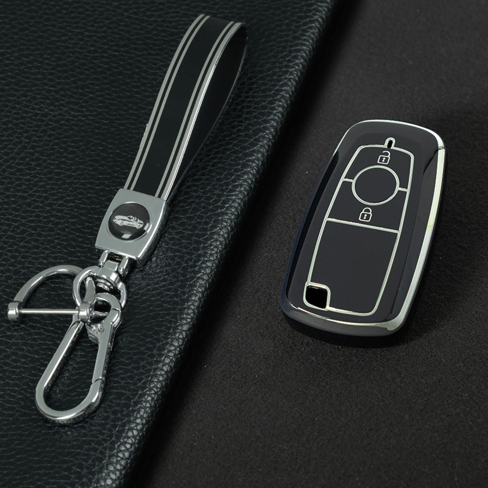 FOB2T1 Black-Silver Plating TPU Car Key Cover Fob Fit for Ford F-150 F-250 F-350 Ecosport Edge Explorer Fusion Mustang
