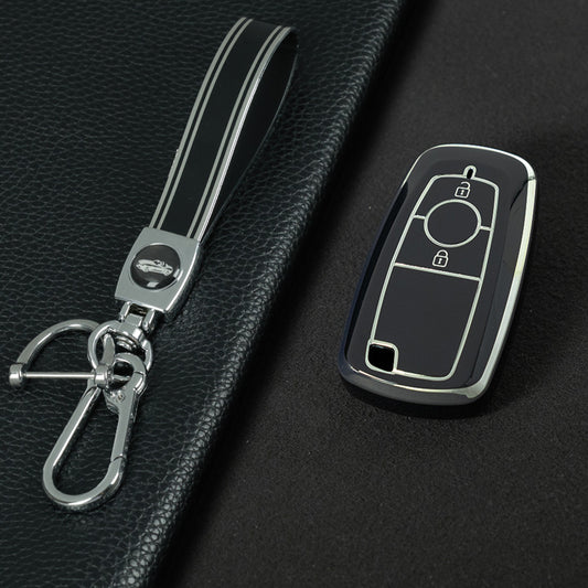 FOB2T1 Black-Silver Plating TPU Car Key Cover Fob Fit for Ford F-150 F-250 F-350 Ecosport Edge Explorer Fusion Mustang