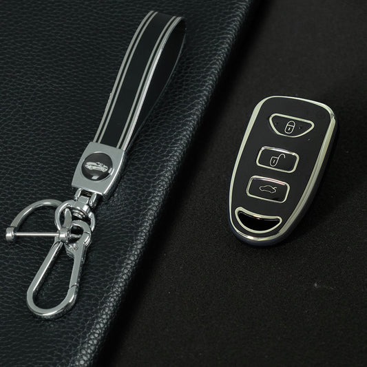 HYJ2T1 Black-Silver Plating New TPU Car Key Case Cover Shell for Hyundai Kia Tucson Sonata Santa FE Carens