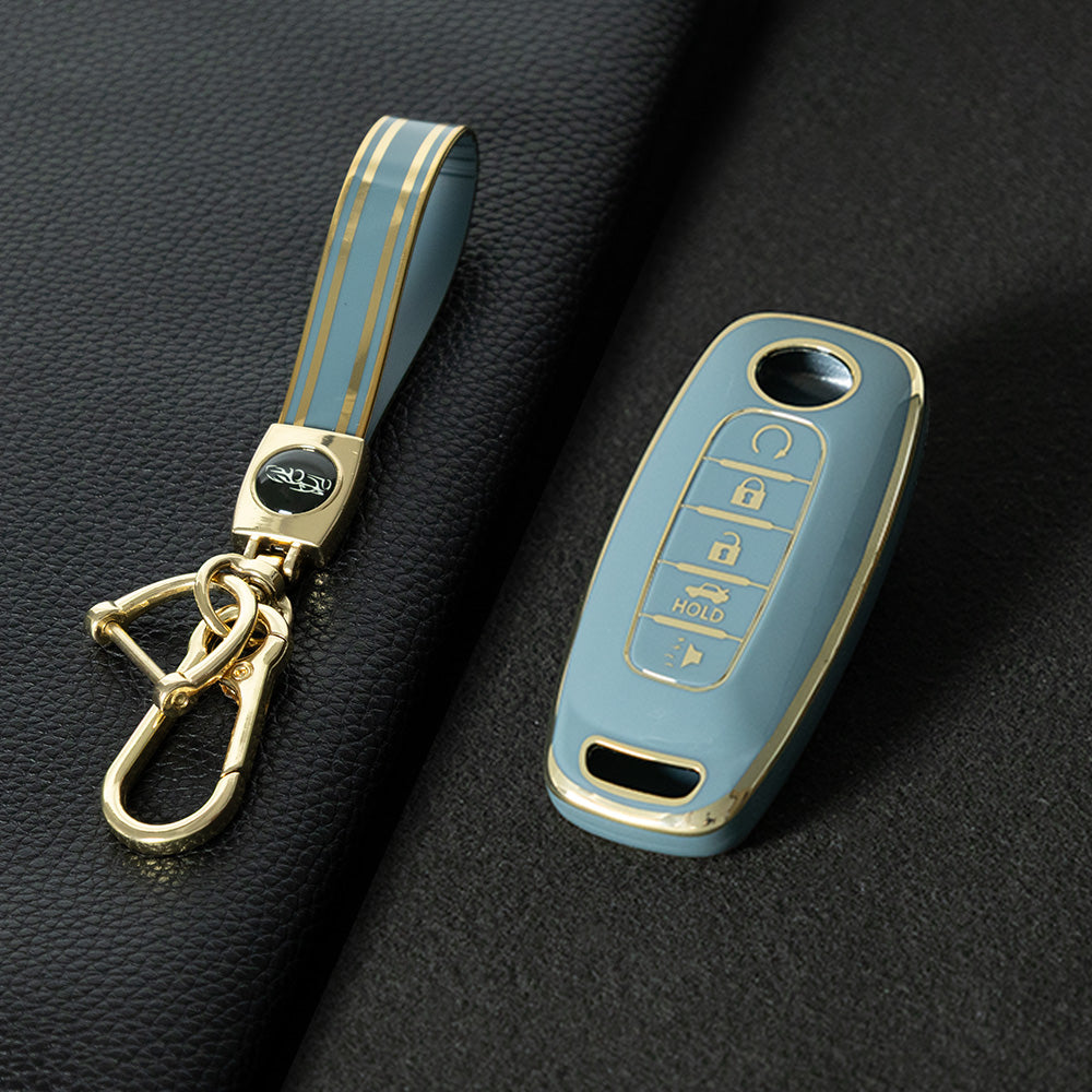 NIA3T1 Granny Grey-Gold Plating TPU Car Key Cover Soft Key Shell Fob Holder Suitable for Nissan Sylphy Bluebird Teana X-Trail Murano GTR