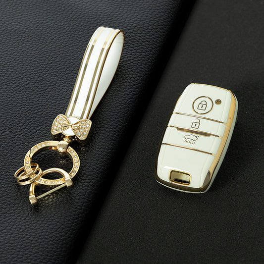 KIH1T1 White-Gold Plating Car Key Cover Key Soft TPU Car Key Case Cover Shell for KIA K3 K4 K5 KX3 KX5 KX7 Sportage Sorento Stonic Cadenza Landwind Key Rings Keychain Bag