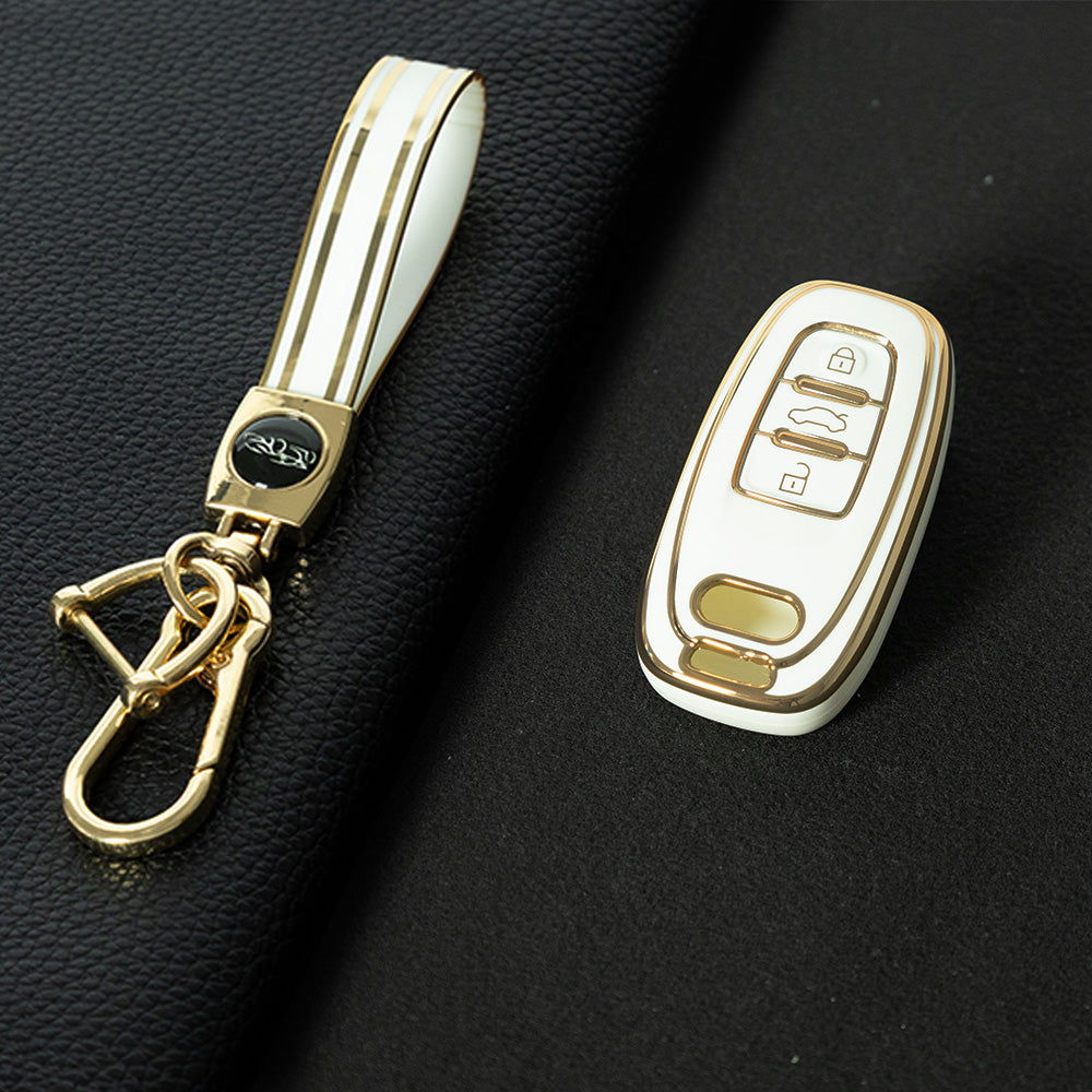AUB1T1 White-Gold Plating Car Key Cover Silver Trim Full-Coverage TPU Key Cover for Audi A6L/A7/A8/A3/A5/Q5/S6 - Anti-Scratch Protective Case