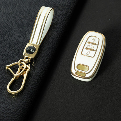 AUB1T1 White-Gold Plating Car Key Cover Silver Trim Full-Coverage TPU Key Cover for Audi A6L/A7/A8/A3/A5/Q5/S6 - Anti-Scratch Protective Case
